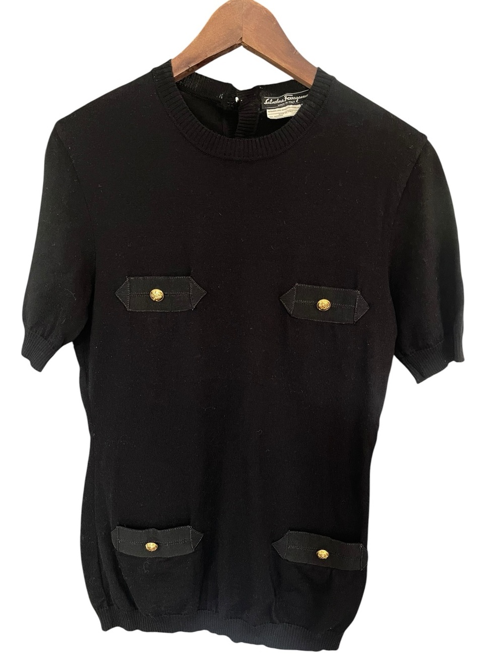 Vintage Salvatore Ferragamo Black Virgin Wool Top S Gold Gancini Buttons - Picture 2 of 10